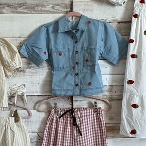 Denim  Blue strawberry embroidery Button-Up Shirt